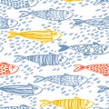 Seamless pattern with cute doodle sardines in the water